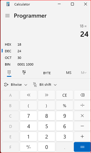 0x18 hex = 24 decimal