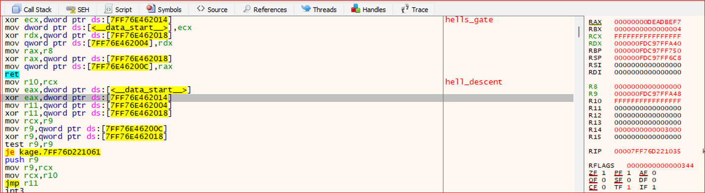 hell_descent on the xor, EAX still 0xDEADBEF7