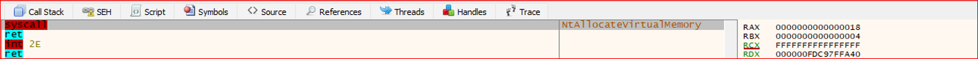 RIP on syscall inside ntdll, EAX=0x18, stack shows dispatch then hell_descent