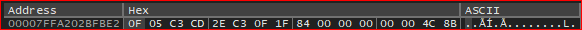 dump at 0x7FFA202BFBE2 starts with 0F 05 C3