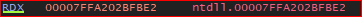 RDX = gadget address 0x7FFA202BFBE2, labelled inside ntdll