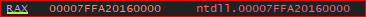 RAX still ntdll base (0x7FFA20160000) while the scan runs