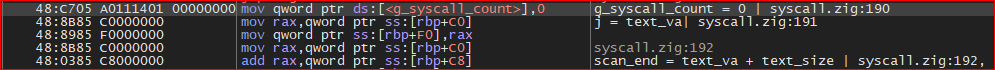 g_syscall_count = 0, j = text_va, scan_end = text_va + text_size