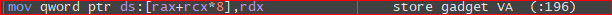 mov [rax+rcx*8], rdx - write gadget address into g_syscall_addrs
