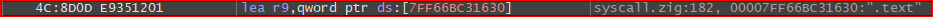lea r9 loads the .text string for the section name compare (syscall.zig:182)