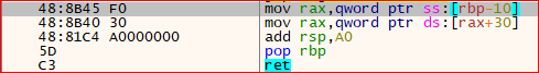 mov rax, [rax+30] - the return read, then ret hands ntdll base back in RAX