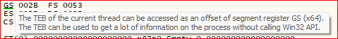 hovering gs in x64dbg, the TEB info box says no Win32 API needed